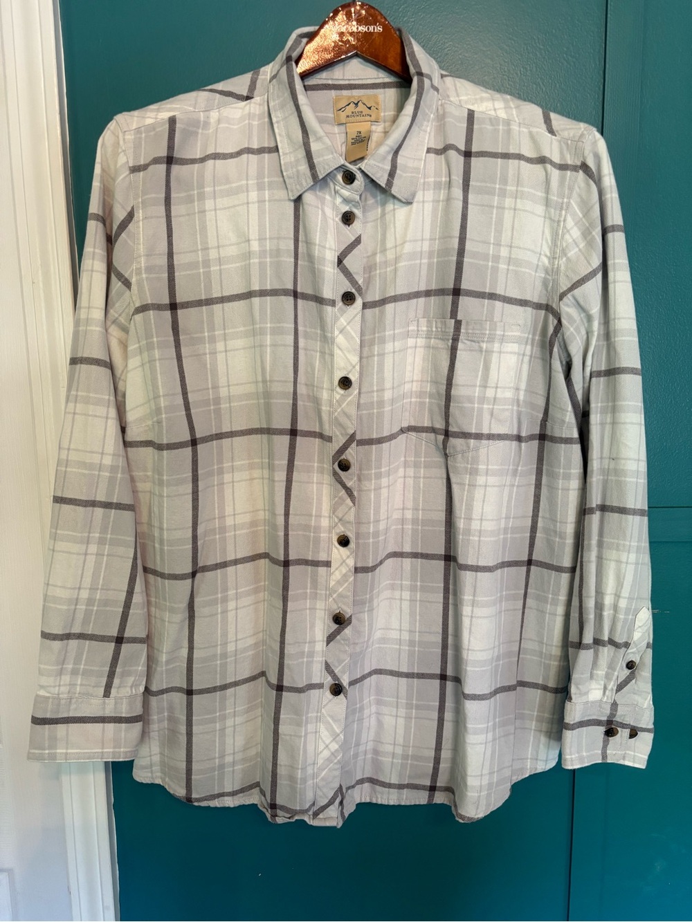 Blue Mountain Women’s White & Gray Plaid Button-Down Shirt Size 2X 100% Cotton